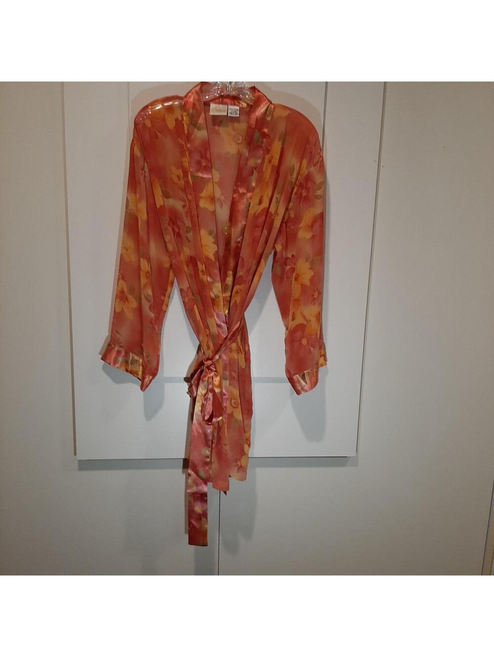 Sophia By Delicates Women’s Sexy Robe & Belt Orange Floral Roses Medium